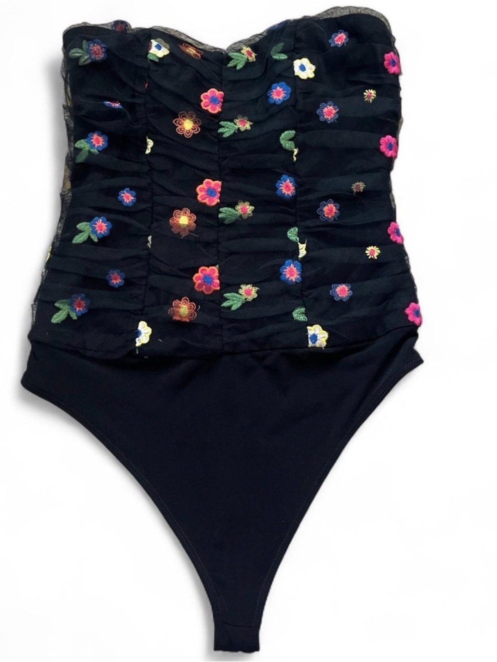 Lovers + Friends Black One-Piece with Multicolor Floral Embroidery